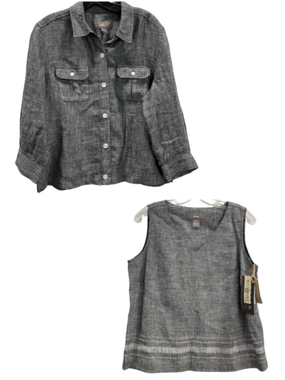Norton McNaughton Matching Twin Set Linen Shirt Jacket & Tank PXL Black Neutral